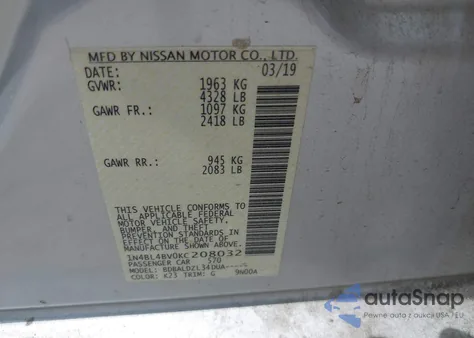 2019 Nissan Altima 2.5 S из США, поврежденный, VIN 1N4BL4BV0KC208032